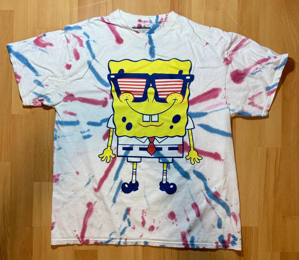SpongeBob SquarePants Shirt Mens Large Red Blue White Tie Dye Nickelodeon Tee